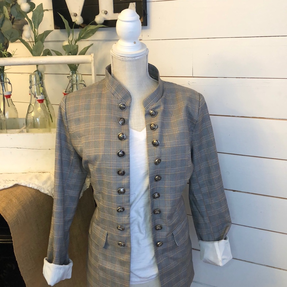 Gray plaid military style blazer